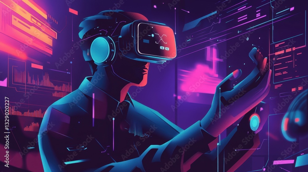 Poster a male engineer integrates ai and vr to refine a next-gen engines efficiency, surrounded by futurist