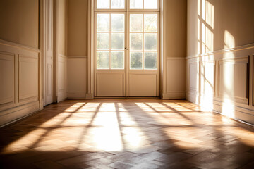 Obraz premium Sunlight Streaming Through Wide Window Illuminating Empty Hallway Architectural Photography