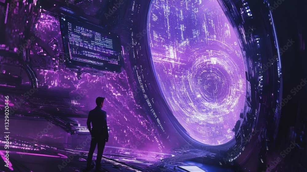 Poster a male engineer integrates ai and vr to refine a next-gen engines efficiency, surrounded by futurist
