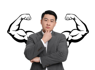 Confident businessman with drawing of strong arms behind him on white background