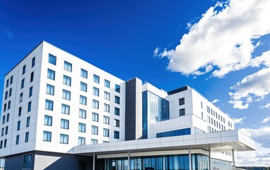 Elegant healthcare facility featuring a multi-story glass structure, modern white paneling, and a wide-open pedestrian-friendly hospital entrance