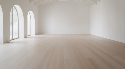 Obraz premium A large, empty room with white walls and wooden floors. The room is open and has a lot of natural light coming in through the windows. The space feels clean and spacious, with a sense of calmness