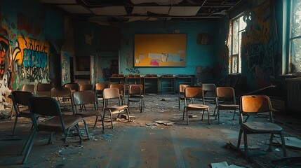 Abandoned Classroom with Chairs, Graffiti and Debris Creating a Somber Mood
