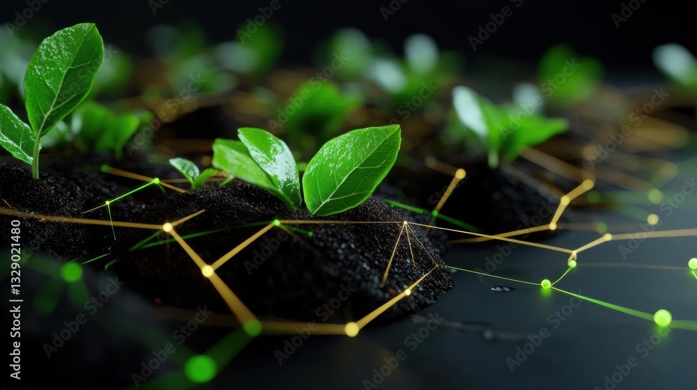 Poster cybernetic ecosystem futuristic urban agriculture visualization with interconnected green networks -