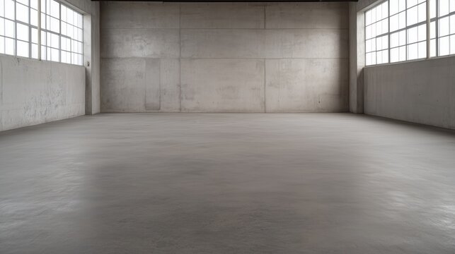 A large, empty room with a concrete floor and a window. The room is bare and empty, with no furniture or decorations. The window is the only source of light