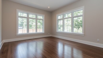 Fototapeta premium A large room with a white wall and wooden floors. The room is empty and has a clean, minimalist look