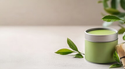 A calming green candle sits beside fresh leaves on a neutral background, creating a serene and peaceful ambiance.