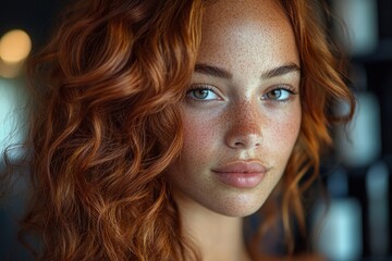Naklejka premium Young woman with curly red hair and freckles displays calm expression in soft light