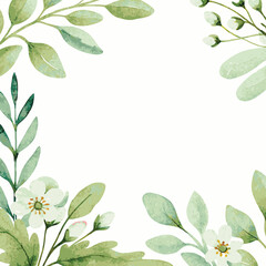 Fototapeta premium Watercolor Floral Frame with White Flowers and Green Leaves Wedding Invitation Card Design