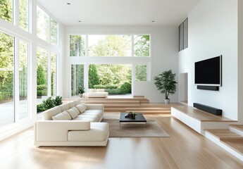 Modern bright living room with large windows,  white sofa, wooden floors, and TV.