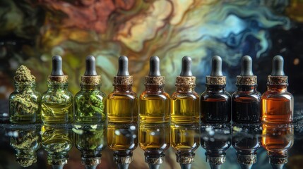 Eight cannabis oil bottles in various colors, showcasing different strains. Illustrates diverse CBD/THC product options for medicinal or recreational use.