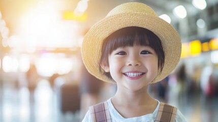 A cheerful Japanese child wearing a soft straw hat stands at the airport, beaming with happiness as travelers move in the background during a warm sunny day.