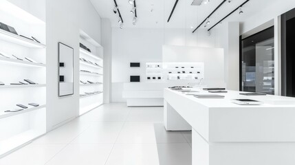 Modern minimalist technology store interior showcasing sleek gadgets and accessories with a bright white color scheme, ideal for tech enthusiasts and shoppers