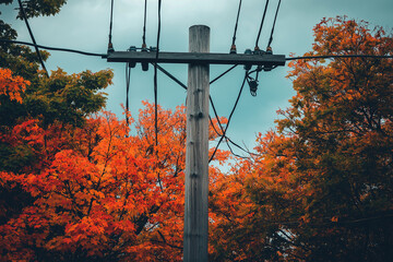 A telephone pole surrounded by autumn trees with colorful leaves during fall season