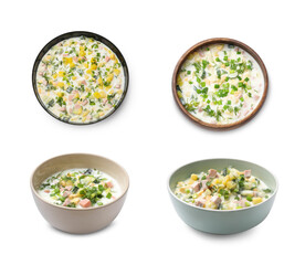 Delicious okroshka soup with kefir in bowls on white background, collage
