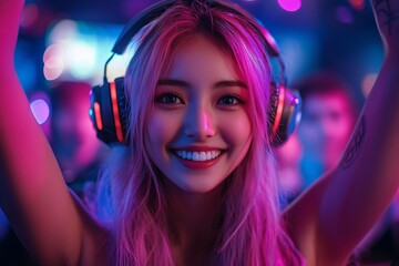 Young Asian woman enjoys a lively night out while wearing colorful headphones and smiling broadly