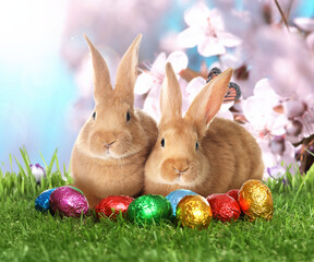 Easter celebration. Cute fluffy rabbits and chocolate eggs in shiny wrappers on green grass under sky