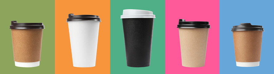 Different paper takeaway cups on colorful background, set
