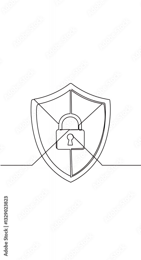 Poster secure shield: one-line art of cybersecurity protection & data safety - minimalist lock icon for web