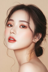 Fototapeta premium Elegant Asian Woman with Makeup and Luxurious Style on Beige Background