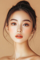 Fototapeta premium Elegant Asian Woman with Makeup and Luxurious Style on Beige Background