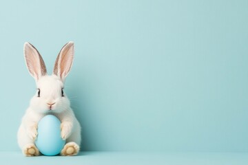 Obraz premium Cute white rabbit holding a pastel blue egg, creating a festive and playful atmosphere for Easter celebrations, perfect for seasonal designs and decorations