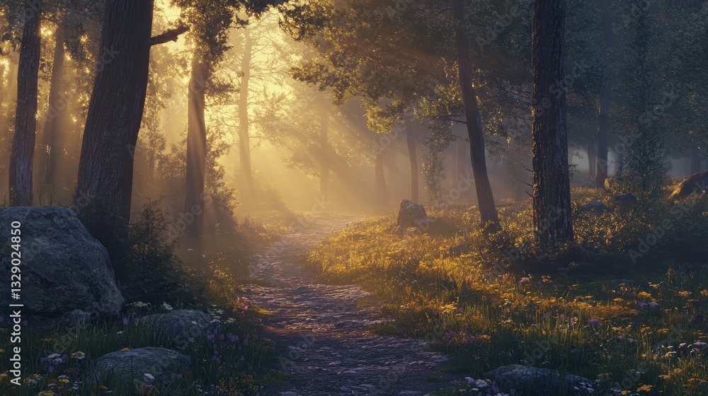 Poster a mist-covered forest path at dawn, where the first rays of sunlight create a golden pathway through