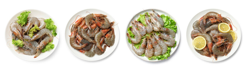 Fresh raw shrimps isolated on white, set. Top view