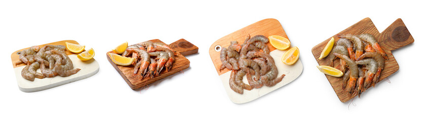 Fresh raw shrimps isolated on white, set. Top and side view