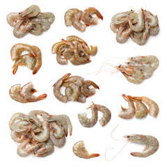 Fresh raw shrimps isolated on white, set