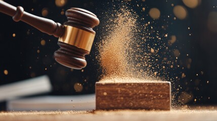 Cinematic Legal Justice Metallic Bronze Gavel Shatters Expectations with Golden Particle Dynamics - Celebrating International Be Kind to Lawyers Day