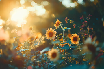 Vibrant Garden Of Sunflowers Standing Tall In Lush Surroundings Evokes Natural Beauty And Cheerful Energy