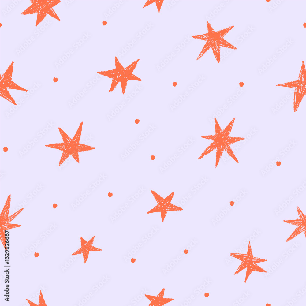 Poster Stars and dots, seamless pattern. Hand-drawn starry background design with twinkles. Endless texture, repeating print for modern-style textile, fabric, wallpaper, wrapping. Flat vector illustration