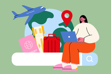 Online travel booking illustration. Woman planning trip with laptop. Passport, ticket, luggage, airplane, and World map. Travel search concept for websites, blogs, and booking platforms