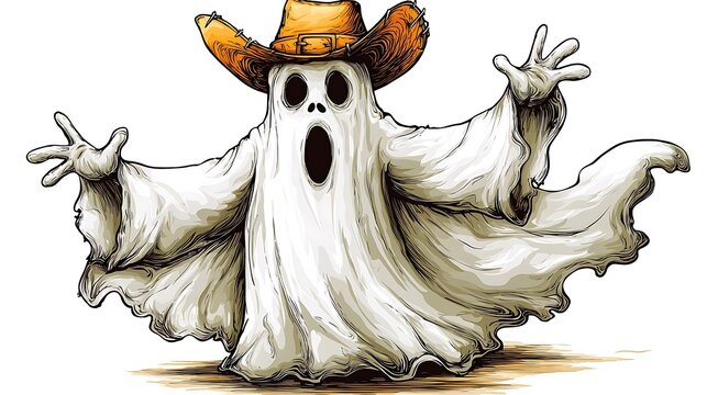 Cartoon ghost waves with cowboy hat on white ground