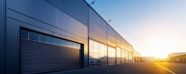 Large industrial building exterior with open doors and windows
