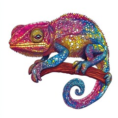 A vibrantly colored chameleon perched on a small wooden branch