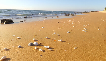 Golden sandy beach with seashells, calm ocean waves, serene coastal scene, tranquil seashore, peaceful beach view, seashell-strewn sand, picturesque shoreline, idyllic beachscape