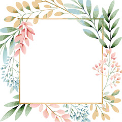 Elegant Watercolor Floral Frame with Delicate Pink and Blue Leaves for Wedding Invitations or Romantic Announcements