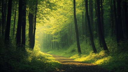 Obraz premium A serene forest path bathed in sunlight, surrounded by tall trees with lush foliage. Light filters through leaves, casting a warm glow, creating an inviting and peaceful atmosphere