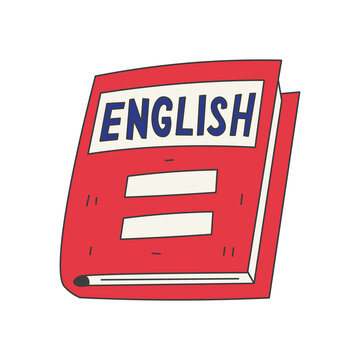 Book with English Inscription. Dictionary doodle design element. Foreigh language learning symbol. Vector illustration in playful cartoon style