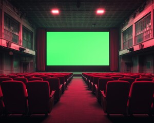 Obraz premium Empty cinema with red seats and a green screen in front. movie theater screen glowing with a green screen