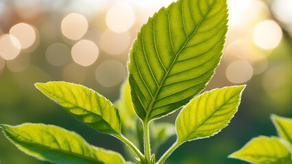 Newly sprouted green foliage during springtime, set against a bokeh backdrop