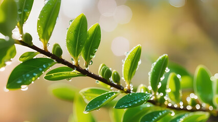 Vibrant green leaves emerging in the spring, complemented by a blurred bokeh background