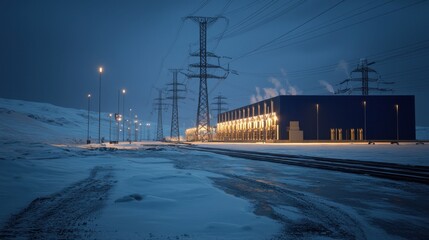 Isolated Power Station Amidst Icy Landscape at Dusk with Lighted Towers and Snowy Ground