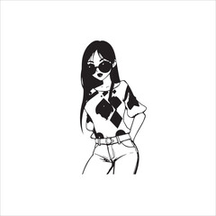 Silhouette and Outline Drawing of 70s Retro Woman in Bell-Bottoms and Sunglasses