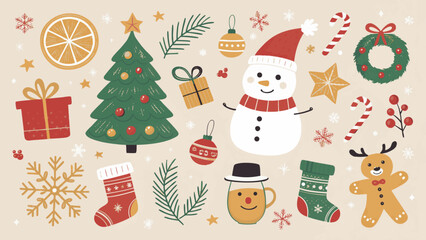 Festive Christmas illustration featuring snowman, Christmas tree, and holiday decorations. image includes ornaments, candy canes, and gingerbread man, creating cheerful holiday atmosphere