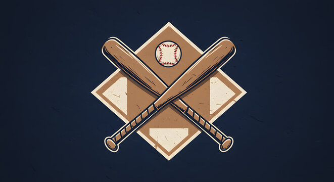Vintage Baseball Emblem Design Crossed Bats Ball Home Plate Graphic Illustration
