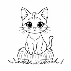 Obraz premium Cute Cartoon Cat Sitting on Cushion Kawaii Big Eyes Whiskers Black and White Line Art Kids Illustration