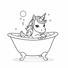 Cute Cartoon Unicorn Bubble Bath Party Hat Black White Line Drawing Coloring Book Whimsical Fantasy Art Children's Illustration